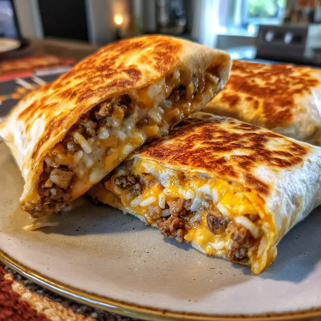 Grilled Cheese Burrito Taco Bell Copycat – Easy & Gooey Favorite 4 Grilled Cheese Burrito Taco Bell Copycat with crispy cheese crust, beef, rice, and nacho cheese filling
