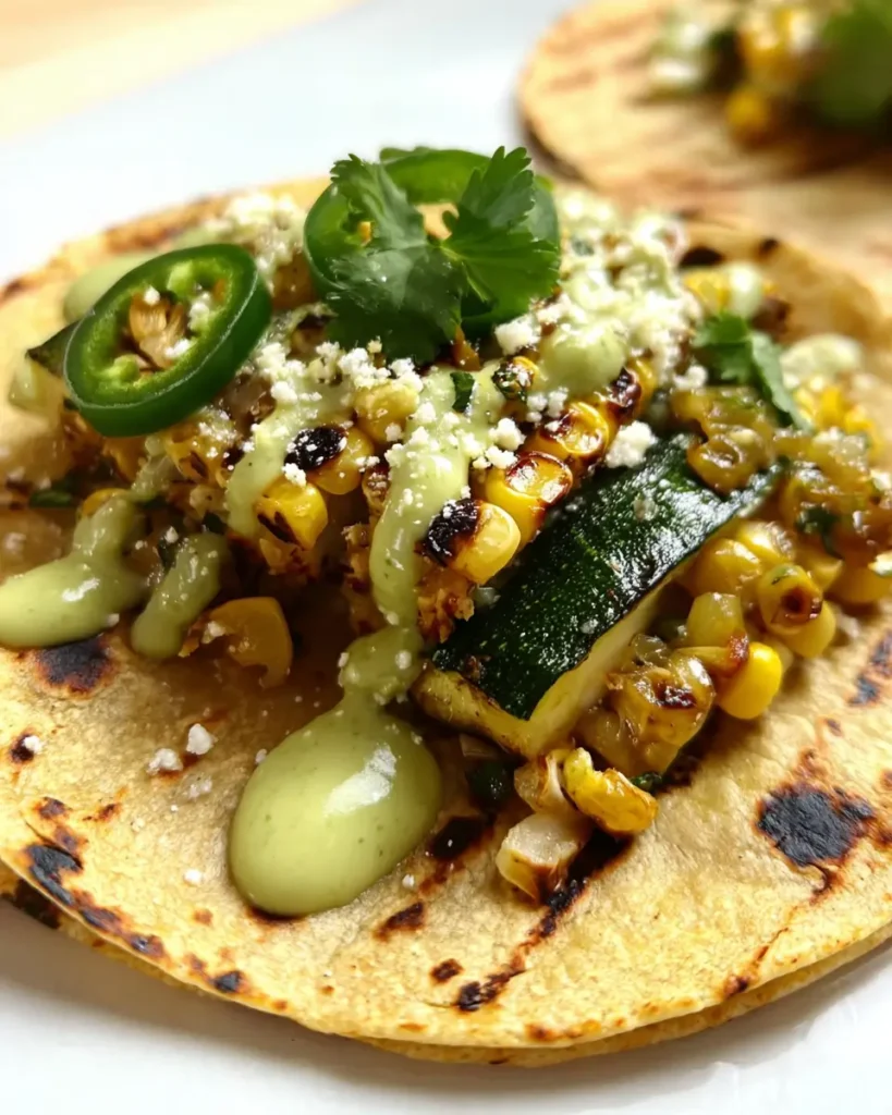 Grilled Zucchini and Corn Tacos – 5-Min Bold Summer Favorite 5 Close-up of grilled zucchini and corn tacos with avocado dressing in toasted tortillas