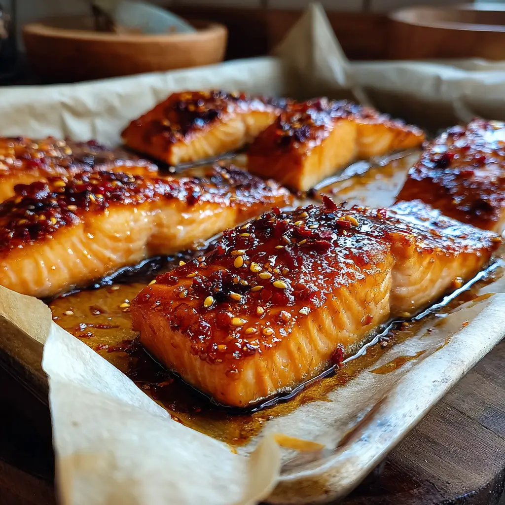 Hot Honey Glazed Salmon Sheet Pan – Sweet & Spicy in One Pan 5 Hot Honey Glazed Salmon Sheet Pan with golden-brown caramelized glaze and tender oven-roasted salmon fillets