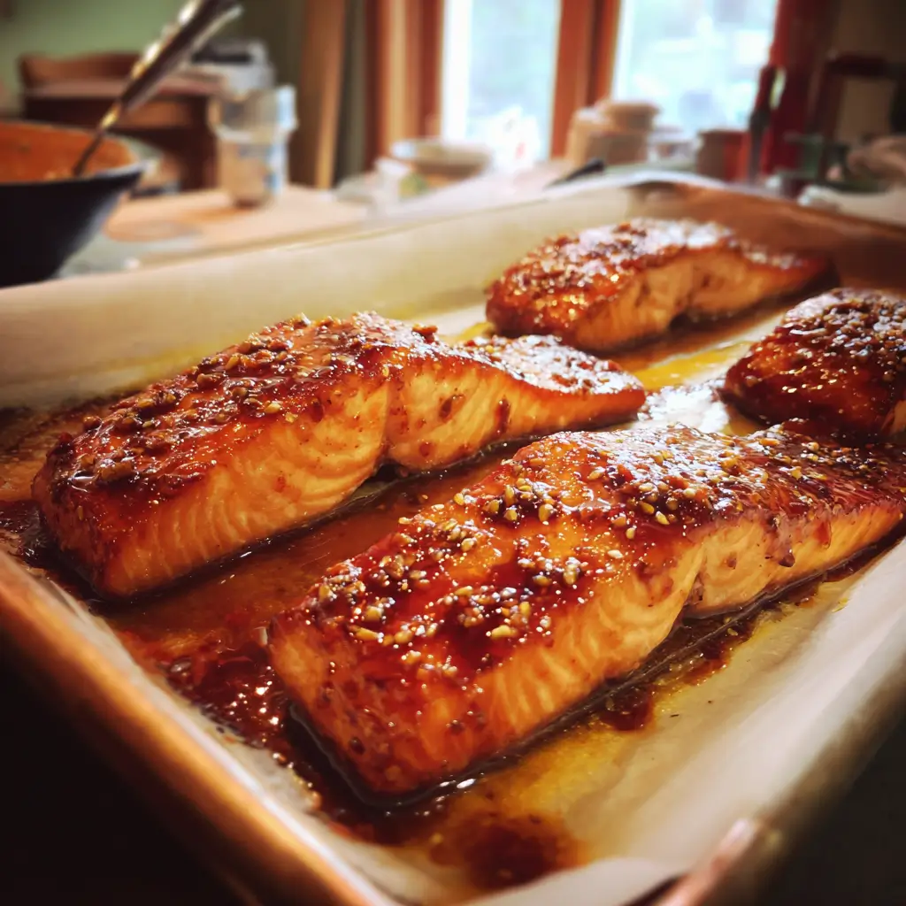 Hot Honey Glazed Salmon Sheet Pan baked with sticky sweet-spicy glaze and caramelized edges on parchment paper