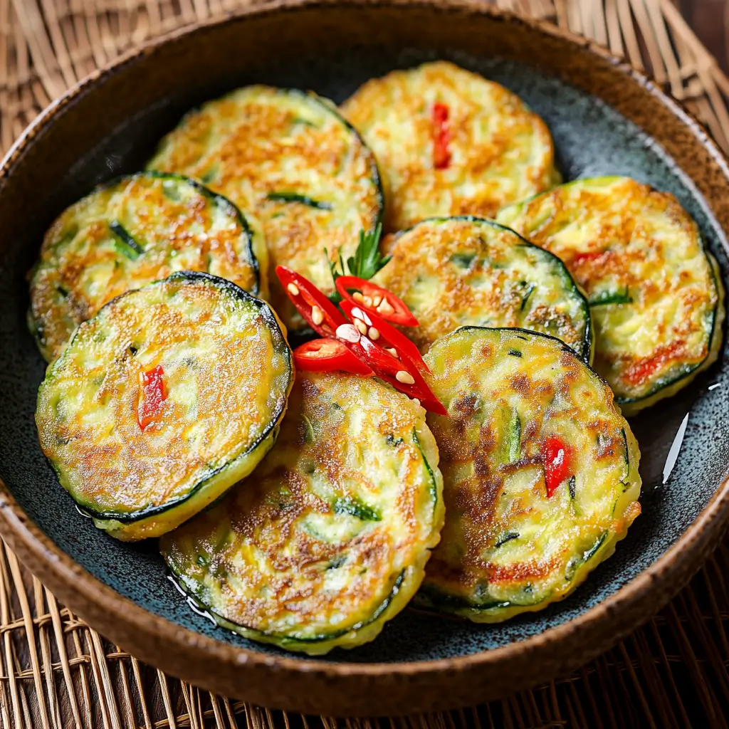 Korean Zucchini Pancakes (Hobak Jeon): 5 Surprising Reasons They’re a Healthy Hit 6 Korean Zucchini Pancakes (Hobak Jeon) served with red chili garnish on a plate