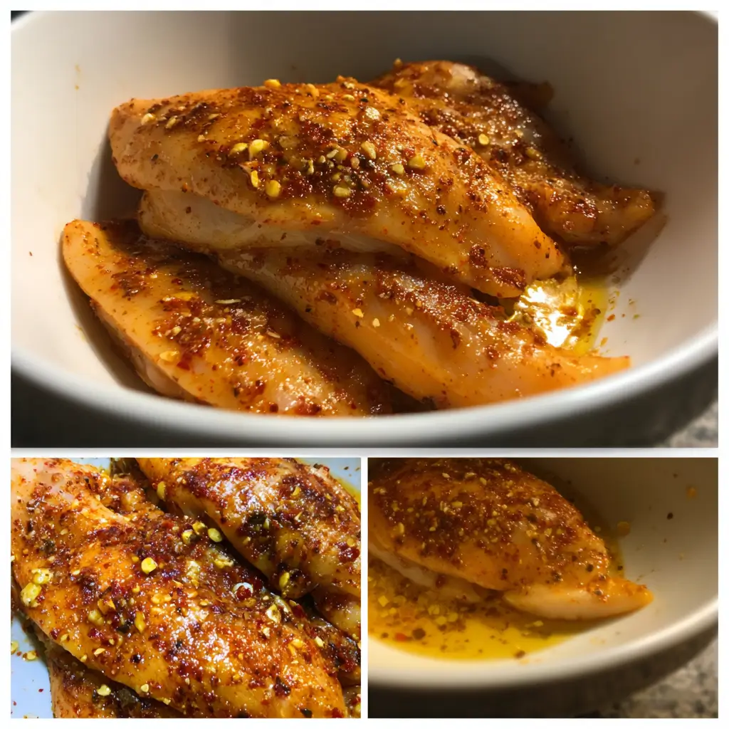 Creamy Chicken Garlic Parmesan Pasta That Melts in Your Mouth 8 Raw chicken breasts marinated with garlic, chili flakes, and paprika in a white bowl