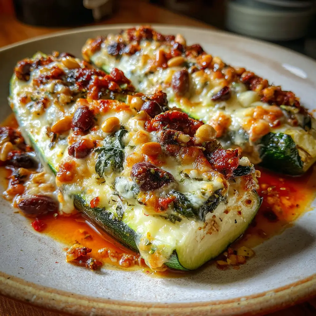 Mediterranean stuffed zucchini boats with feta, spinach, tomato sauce, olives, and pine nuts