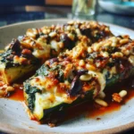Mediterranean Stuffed Zucchini Boats – 5-Star Flavor You’ll Love 6 Mediterranean stuffed zucchini boats with creamy spinach filling, baked in tomato sauce, and topped with pine nuts and olives