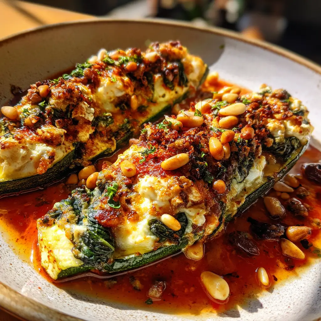 Mediterranean Stuffed Zucchini Boats – 5-Star Flavor You’ll Love 7 Baked Mediterranean stuffed zucchini boats with spinach, feta, and golden pine nuts in rich tomato sauce
