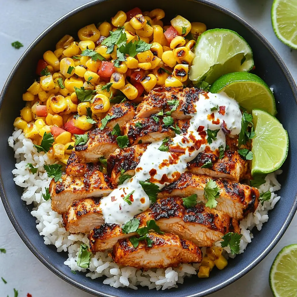 Mexican Street Corn Chicken Bowls – 5-Star Flavor Punch 5 Mexican Street Corn Chicken Bowl with grilled corn, creamy sauce, and lime wedges