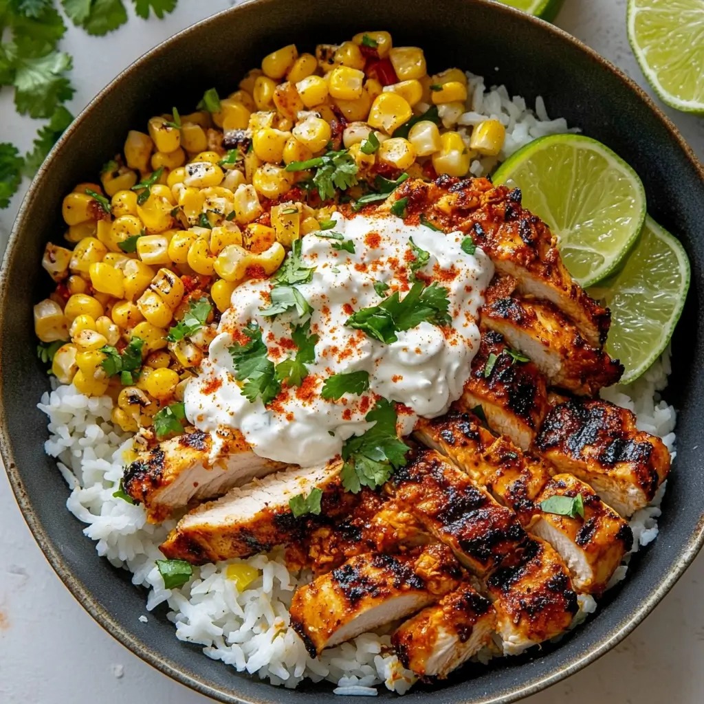 Mexican Street Corn Chicken Bowls – 5-Star Flavor Punch 4 Mexican Street Corn Chicken Bowls with grilled corn and creamy sauce
