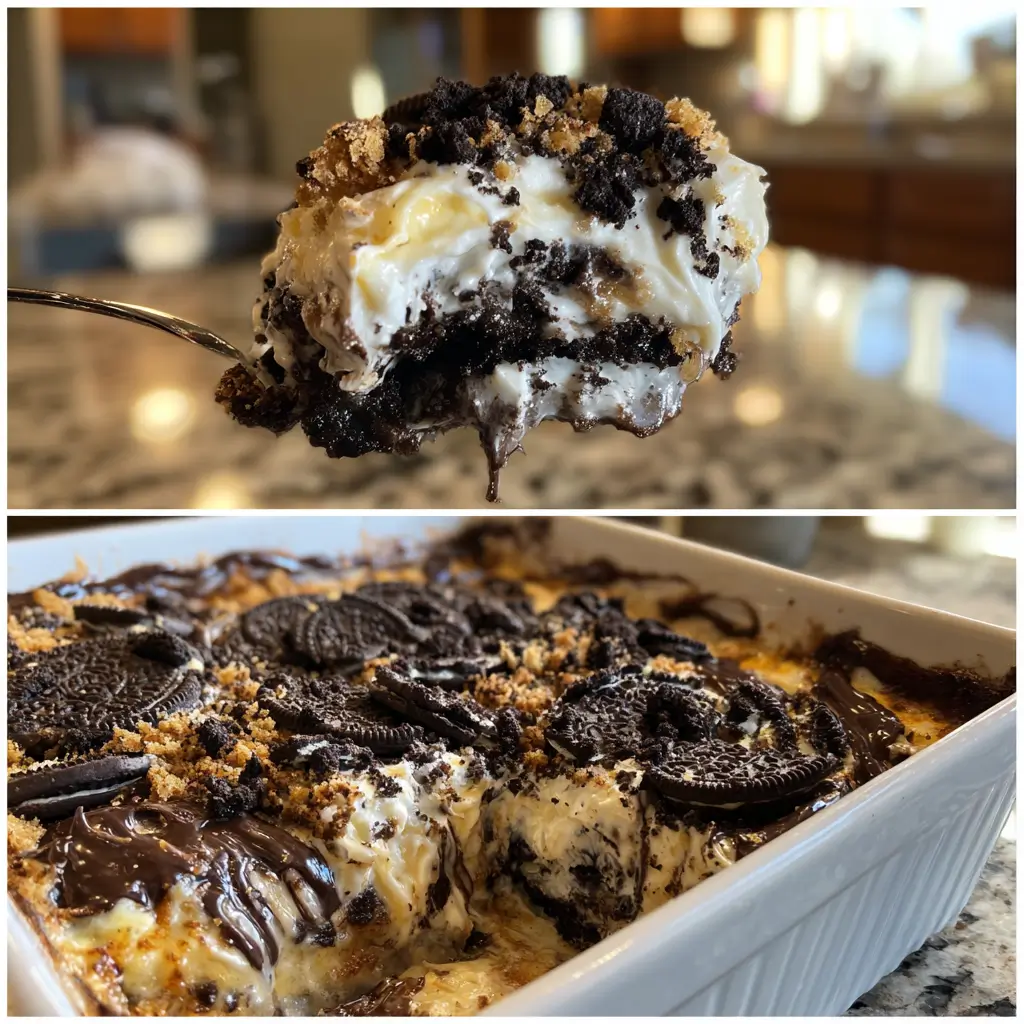 Oreo Dump Cake: Epic 5-Ingredient Dessert You Need 6 Freshly baked Oreo Dump Cake with gooey chocolate layers, crushed Oreo cookies, and melted butter topping in a home kitchen