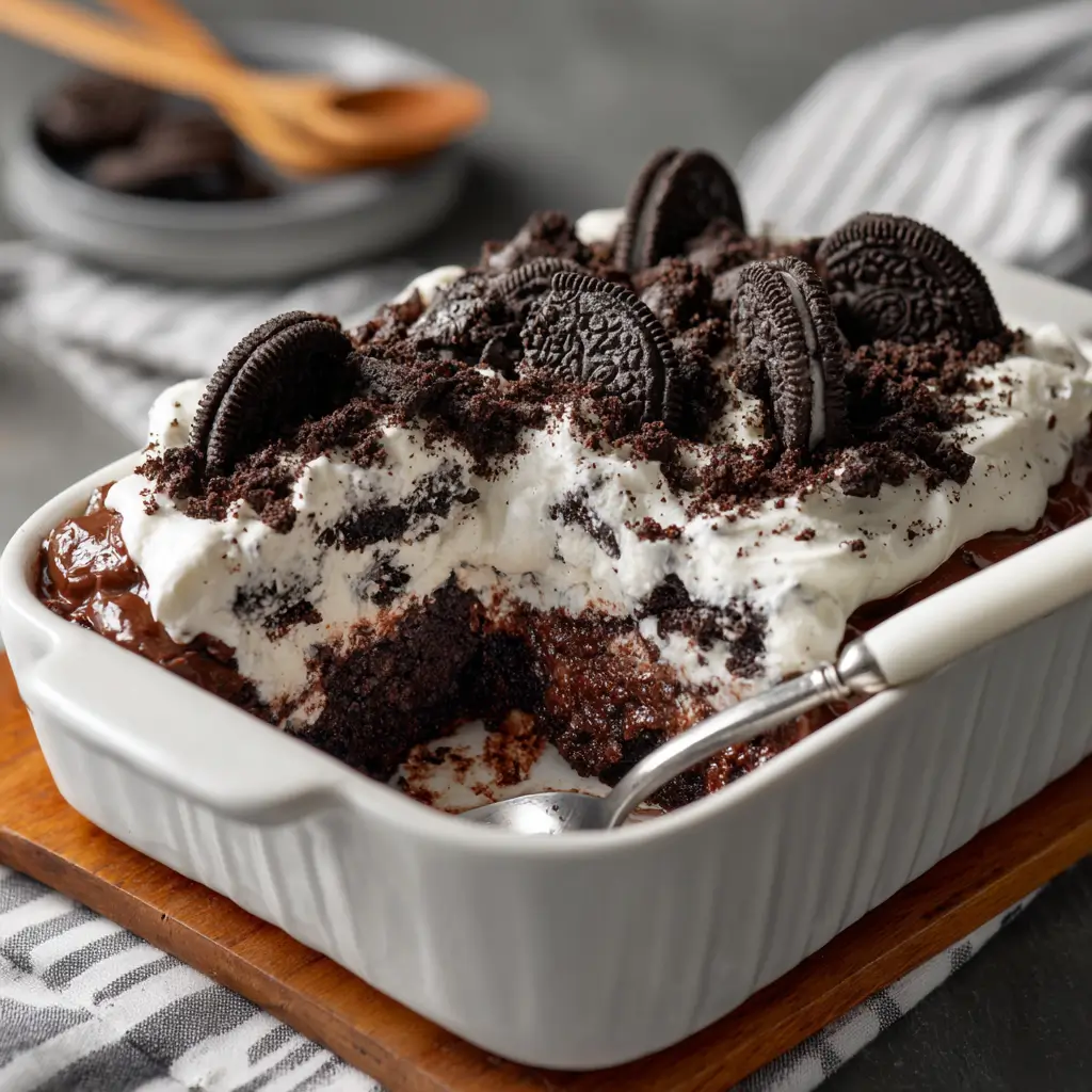 Oreo Dump Cake: Epic 5-Ingredient Dessert You Need 5 Close-up of Oreo Dump Cake showing melted chocolate fudge, soft baked Oreos, and golden buttery topping in a baking dish