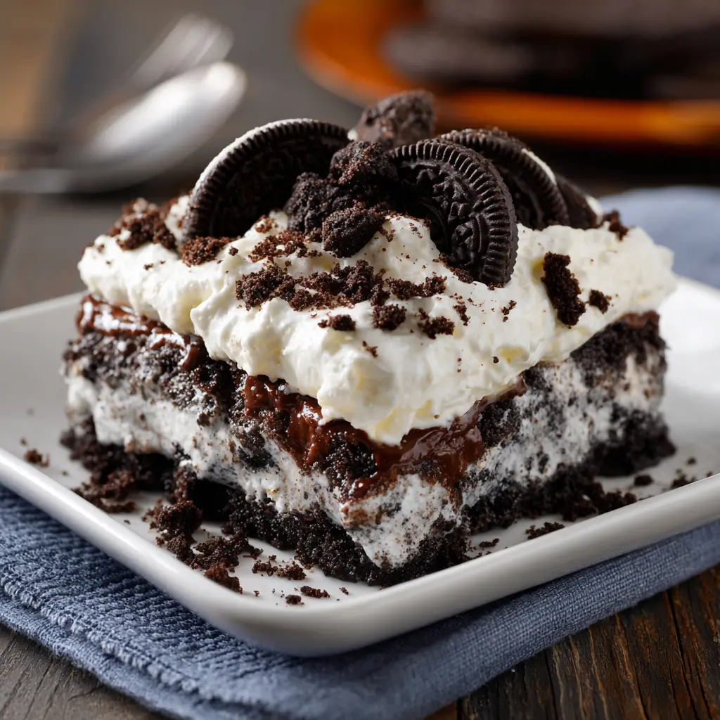 Warm Oreo Dump Cake scooped from pan showing gooey chocolate layers and melted crushed Oreos
