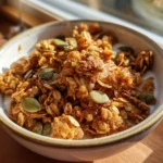 Pumpkin Cereal – Crave-Worthy 5-Minute Crunchy Recipe You’ll Love 7 Close-up of pumpkin cereal clusters with pumpkin seeds in a rustic bowl
