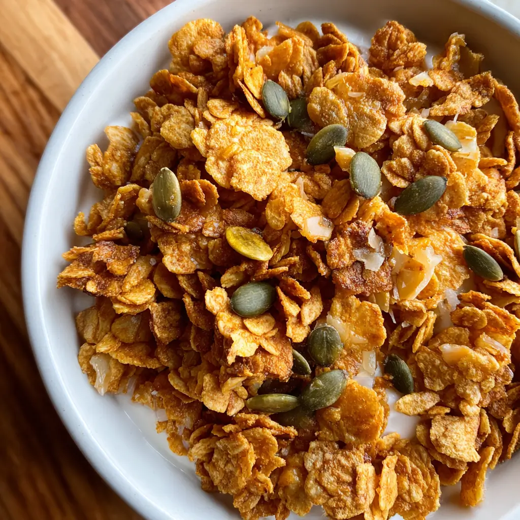 Pumpkin Cereal – Crave-Worthy 5-Minute Crunchy Recipe You’ll Love 6 Top view of pumpkin cereal with toasted flakes and seeds in a white bowl