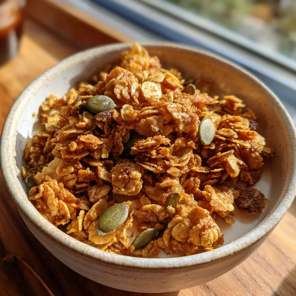 Pumpkin Cereal – Crave-Worthy 5-Minute Crunchy Recipe You’ll Love 9 Rustic bowl of pumpkin cereal served with seeds and oats in natural light