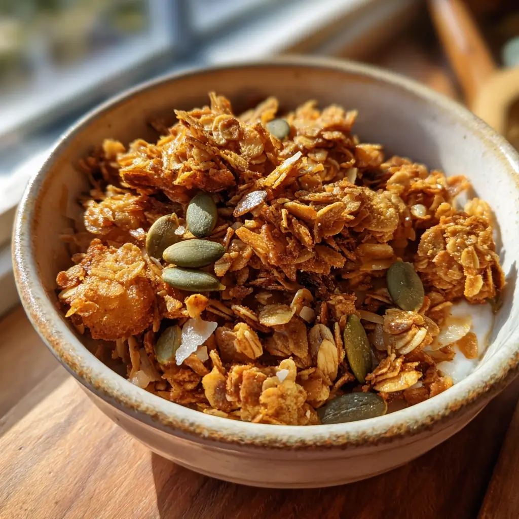 Pumpkin Cereal – Crave-Worthy 5-Minute Crunchy Recipe You’ll Love 8 Air-fried pumpkin cereal with oats and seeds in a ceramic bowl by window light