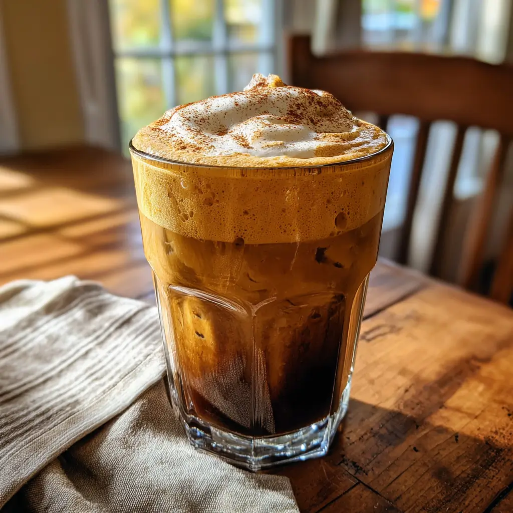 Pumpkin Cream Cold Brew – 5-Minute Recipe You’ll Love 9 iced pumpkin cream cold brew in glass with whipped foam and cinnamon on wood table