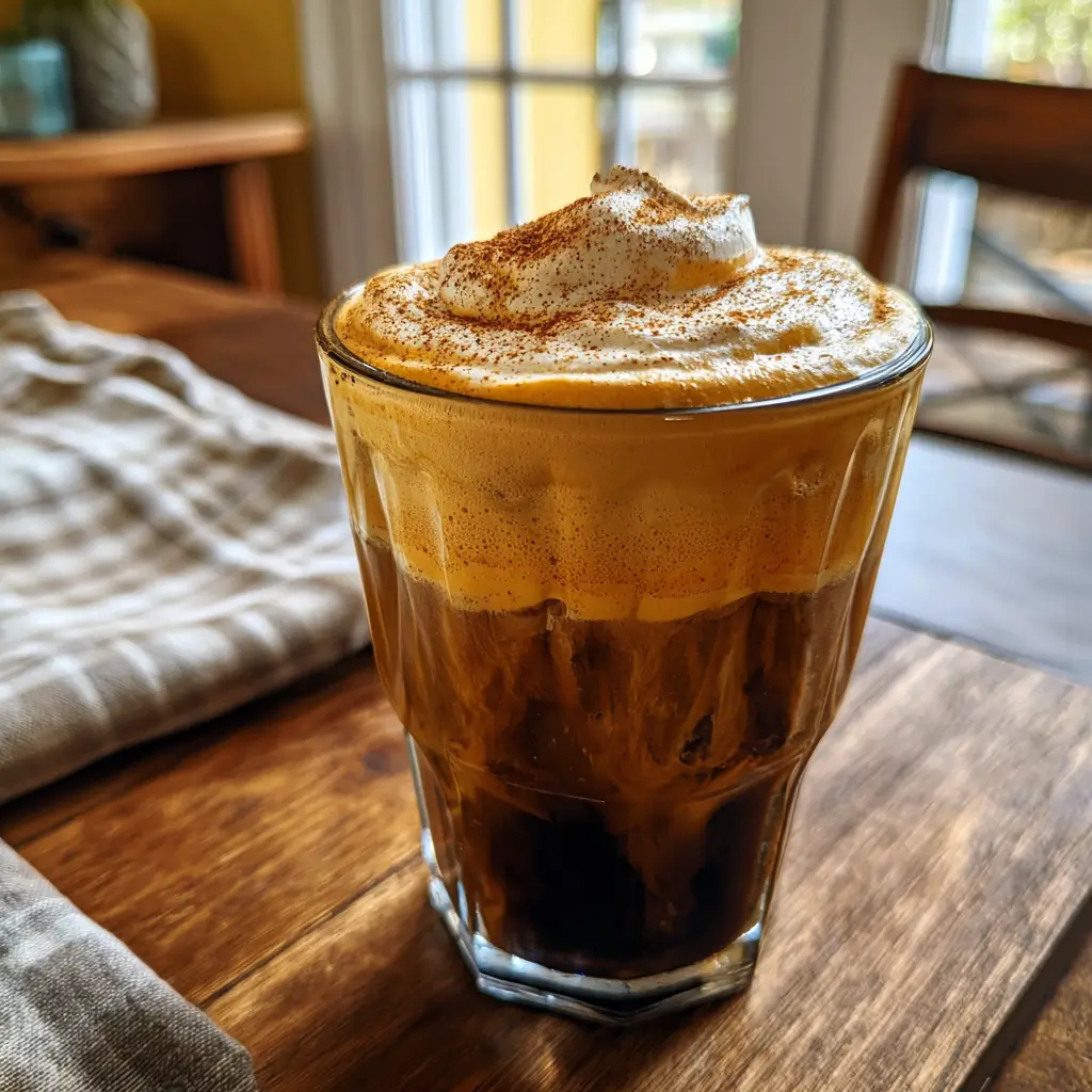 pumpkin cream cold brew with thick foam and cinnamon in clear glass