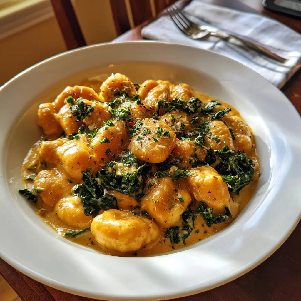 Pumpkin Gnocchi Recipe – 3 Irresistible Reasons to Try It 5 Pumpkin Gnocchi in creamy pumpkin sauce with wilted kale served in white bowl