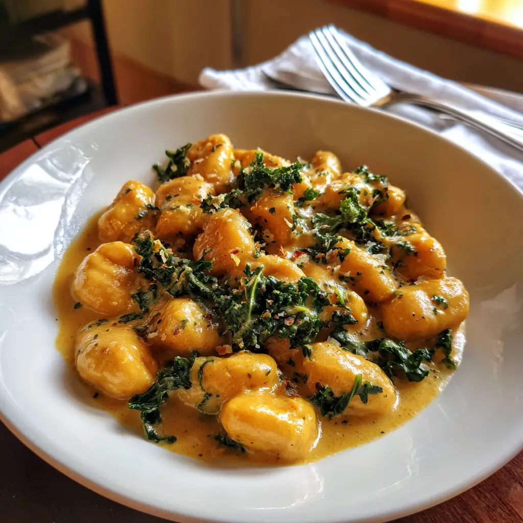 Pumpkin Gnocchi Recipe – 3 Irresistible Reasons to Try It 7 Pumpkin Gnocchi served in creamy sauce with kale and herbs in white bowl