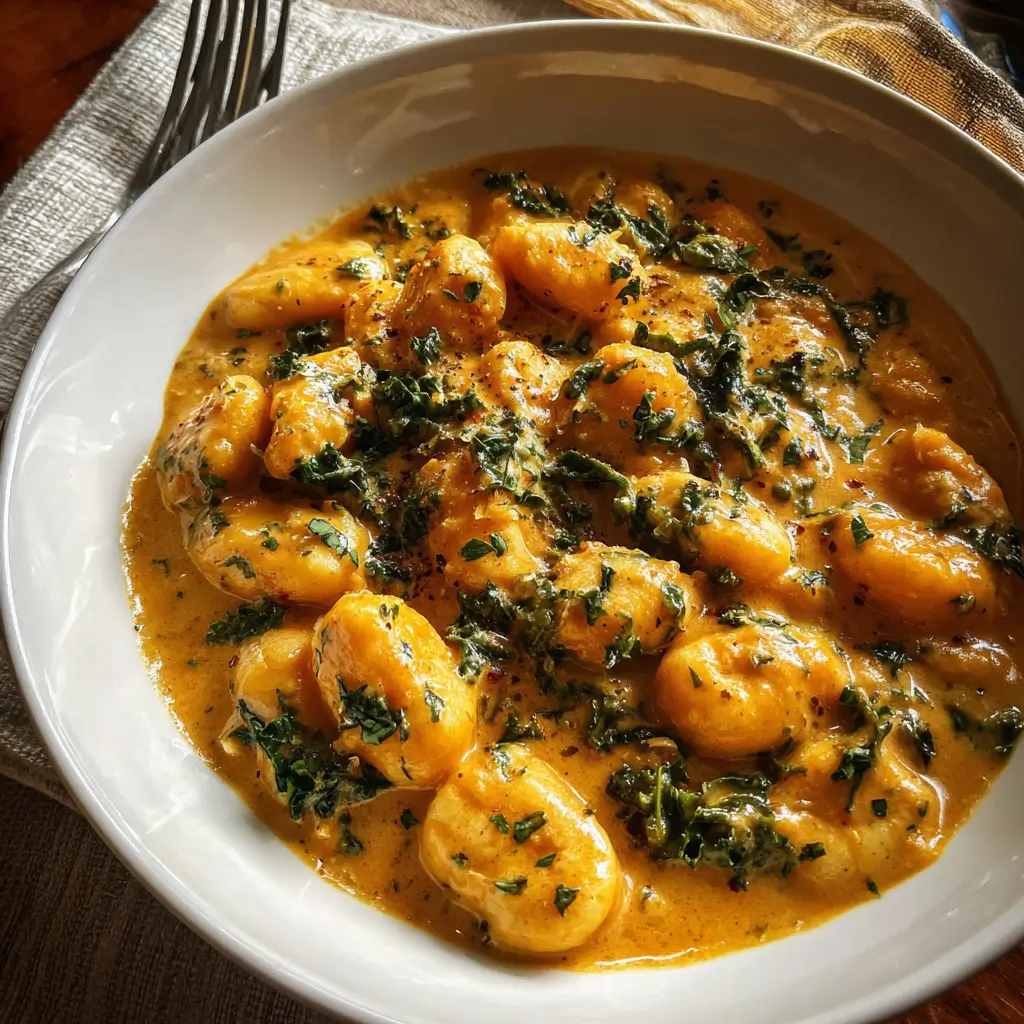 Pumpkin Gnocchi in creamy pumpkin sauce with kale served in white bowl