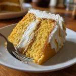 Pumpkin Magic Cake – 3-Layer Surprise That’s Remarkably Simple 7 Pumpkin Magic Cake slice on white plate with fork, showing fluffy cake and whipped topping layers