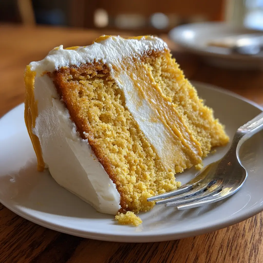 Pumpkin Magic Cake – 3-Layer Surprise That’s Remarkably Simple 6 Pumpkin Magic Cake slice with fluffy frosting and golden cake layers on a white plate with a fork
