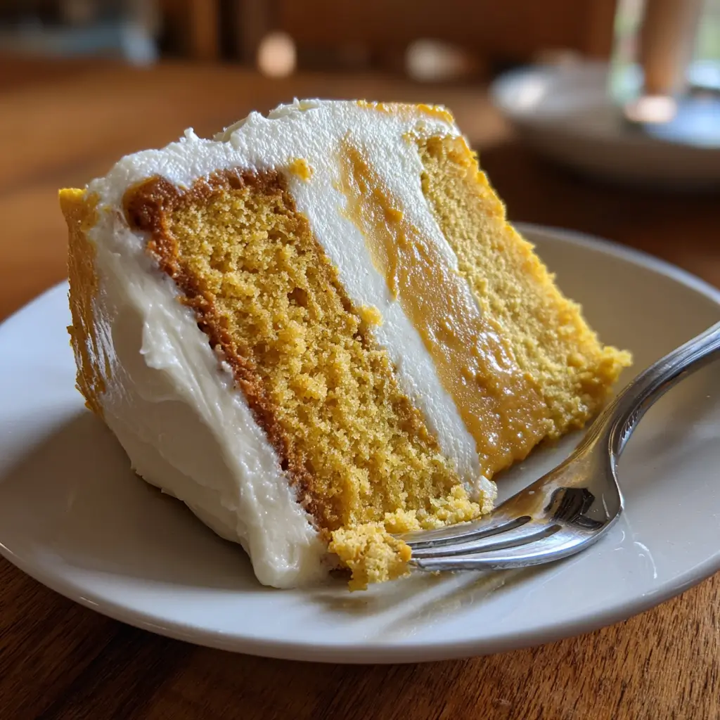 Pumpkin Magic Cake – 3-Layer Surprise That’s Remarkably Simple 9 Pumpkin Magic Cake slice with whipped topping and golden layers on a white plate with a fork