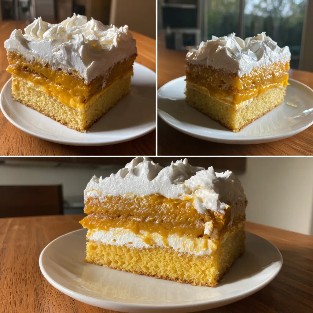 Pumpkin Magic Cake – 3-Layer Surprise That’s Remarkably Simple 8 Pumpkin Magic Cake slices with thick whipped topping, pumpkin filling, and yellow cake base shown from multiple angles
