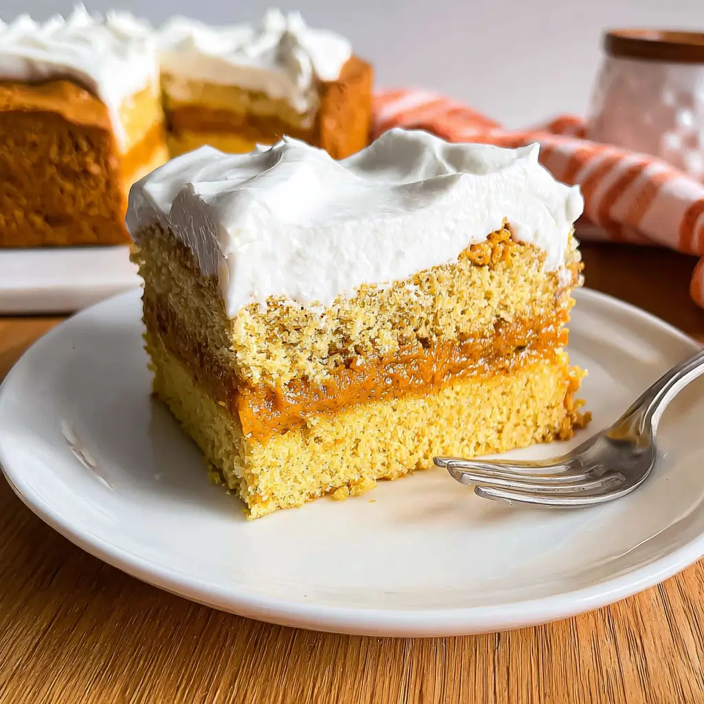 Pumpkin Magic Cake slice with visible layers of yellow cake, pumpkin custard, and whipped topping on white plate