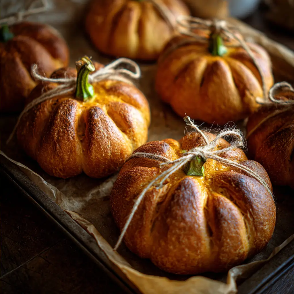 Pumpkin-Shaped Bagel Recipe – 1 Fun Trick for Festive Baking 5 Pumpkin-shaped bagels tied with twine and baked to golden perfection on a rustic tray