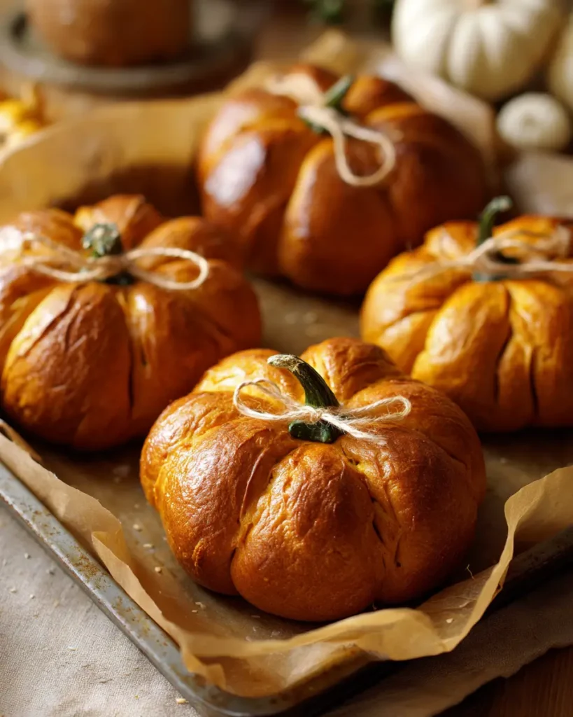 Pumpkin-Shaped Bagel Recipe – 1 Fun Trick for Festive Baking 8 Tray of freshly baked pumpkin-shaped bagels tied with twine and topped with realistic stems