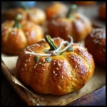 Pumpkin-Shaped Bagel Recipe – 1 Fun Trick for Festive Baking 7 Close-up of pumpkin-shaped bagel with twine, sesame, and pumpkin seeds on parchment paper