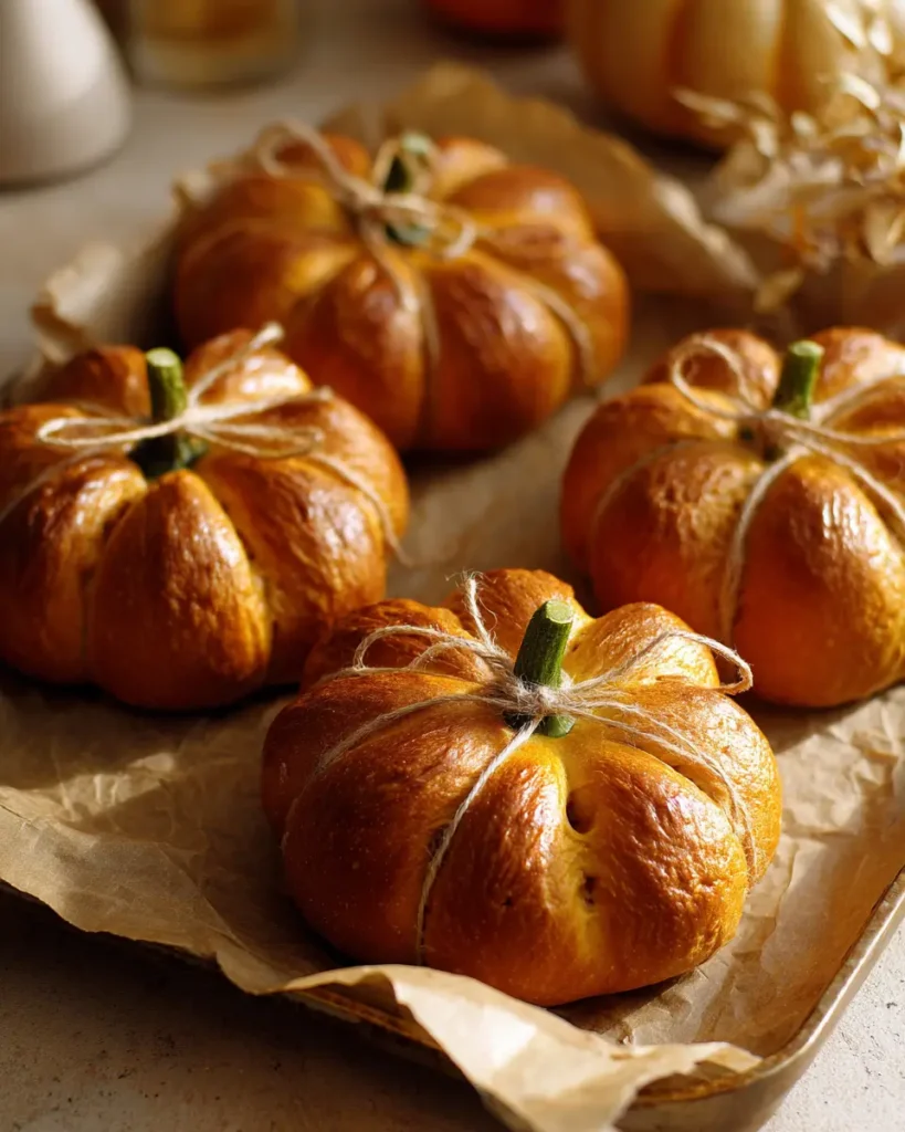 Pumpkin-Shaped Bagel Recipe – 1 Fun Trick for Festive Baking 6 Fresh pumpkin-shaped bagels on parchment-lined baking tray with twine and stem detail