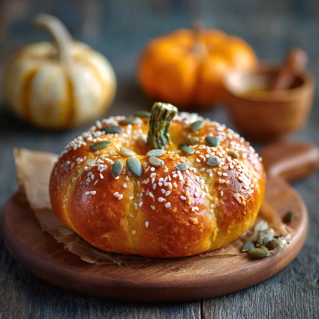 Pumpkin-Shaped Bagel Recipe – 1 Fun Trick for Festive Baking 9 Pumpkin-shaped bagel topped with sesame and pumpkin seeds served on a wooden board