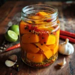 Pumpkin Spice Pickles: Irresistible 10-Minute Sweet & Spicy Treat 7 Glass jar of pumpkin spice pickles with red chili, garlic, and peppercorns on rustic wood
