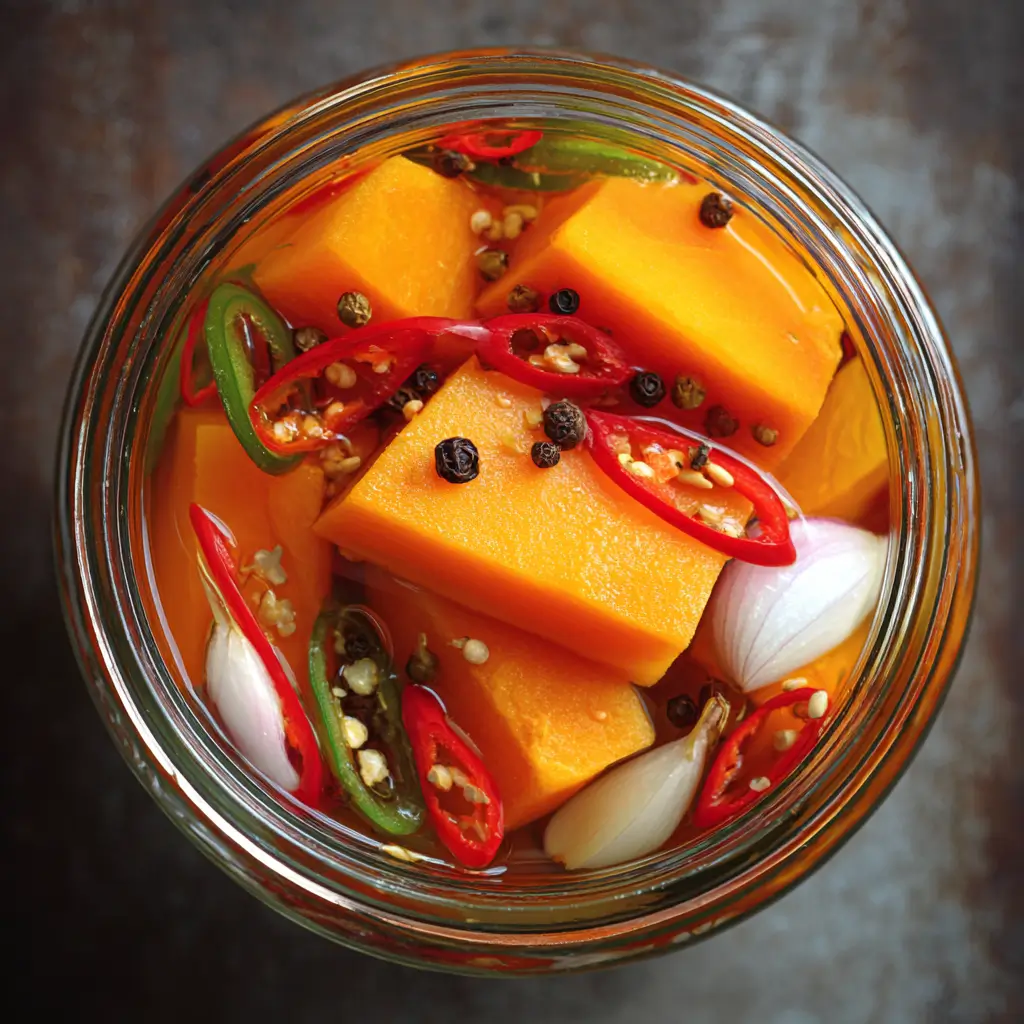 Pumpkin Spice Pickles: Irresistible 10-Minute Sweet & Spicy Treat 8 Top view of pumpkin spice pickles with sliced red and green chilis, garlic, and black peppercorns in brine