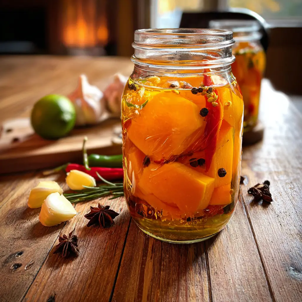 Pumpkin Spice Pickles: Irresistible 10-Minute Sweet & Spicy Treat 6 Homemade pumpkin spice pickles in a mason jar with garlic, chili, and whole spices on a wooden table