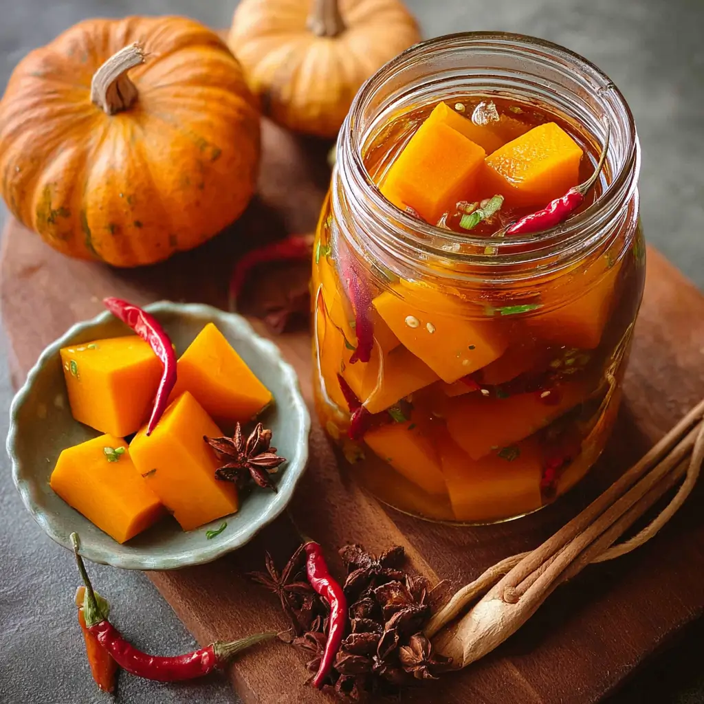 Pumpkin Spice Pickles: Irresistible 10-Minute Sweet & Spicy Treat 9 Jar and plate of pumpkin spice pickles with chili, star anise, and whole spices on a wooden board