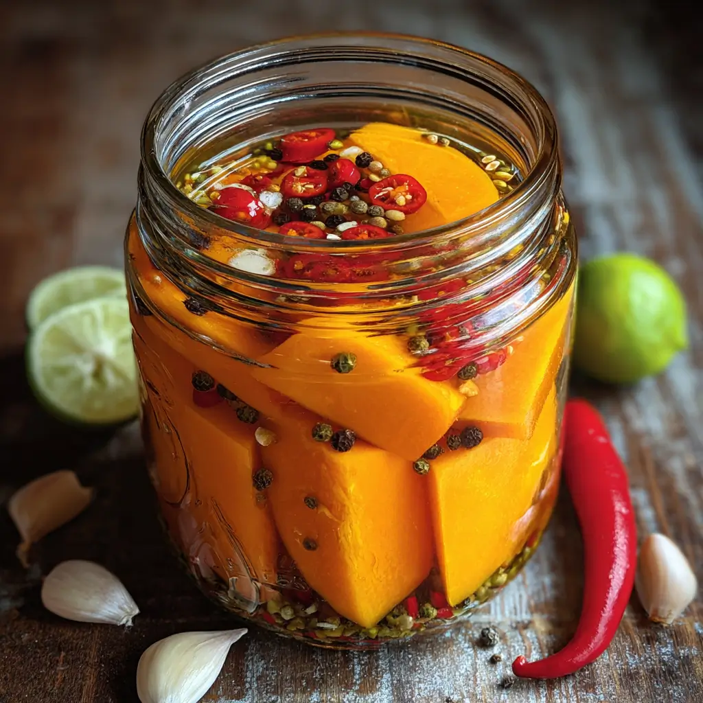 Pumpkin Spice Pickles: Irresistible 10-Minute Sweet & Spicy Treat 5 Jar of pumpkin spice pickles with garlic, chili, and peppercorns in brine