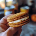Pumpkin Spice Sandwich Cookies – Irresistible Fall Favorite 7 Close-up of a homemade pumpkin spice sandwich cookie filled with creamy spiced buttercream