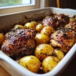 Roasted Mediterranean Chicken Thighs and Baby Potatoes Recipe That Always Delivers 6 Baked Roasted Mediterranean Chicken Thighs and Baby Potatoes in a ceramic dish, with crispy skin, golden potatoes, and fresh herbs on top.