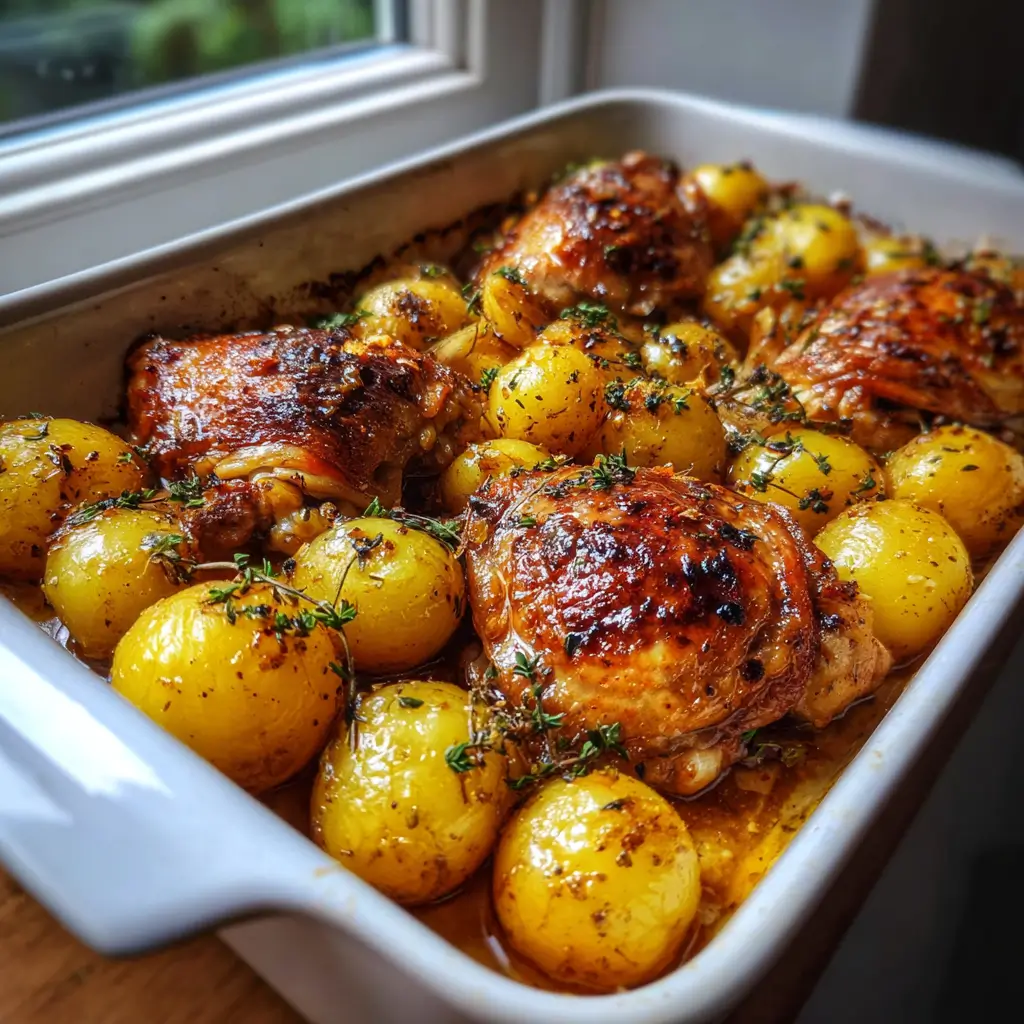 Roasted Mediterranean Chicken Thighs and Baby Potatoes Recipe That Always Delivers 7 Oven-roasted chicken thighs with crisp golden skin served over herb-seasoned baby potatoes in a Mediterranean-style dish.