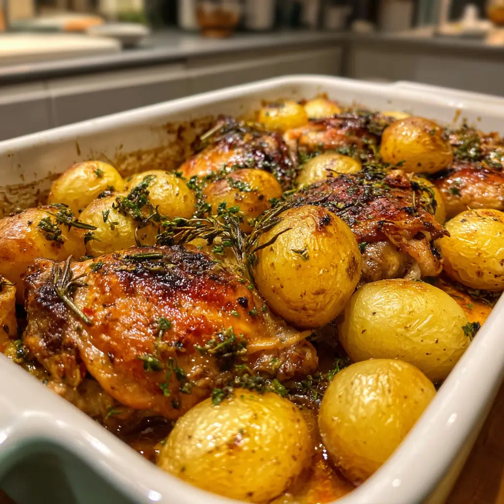 Roasted Mediterranean Chicken Thighs and Baby Potatoes Recipe That Always Delivers 5 Roasted Mediterranean Chicken Thighs and Baby Potatoes in a white baking dish with crispy skin and caramelized potatoes, garnished with parsley.