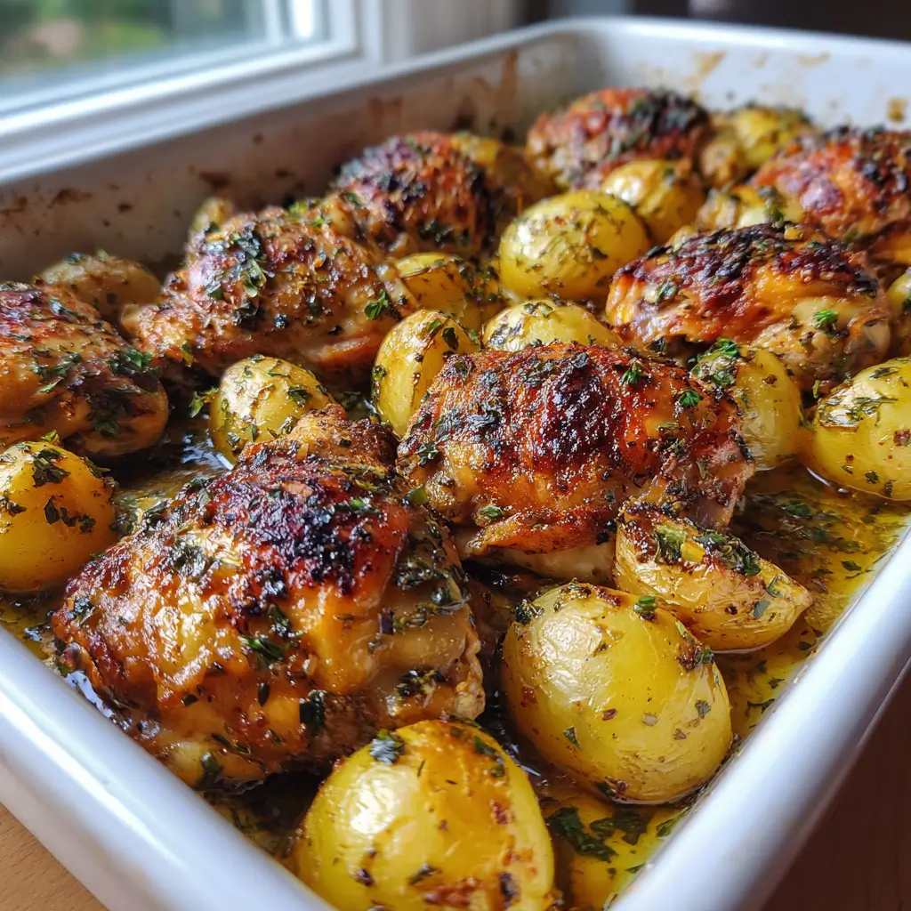Roasted Mediterranean Chicken Thighs and Baby Potatoes Recipe That Always Delivers 4 Roasted Mediterranean Chicken Thighs and Baby Potatoes in a ceramic baking dish, showing golden crispy chicken skin and perfectly roasted baby potatoes.