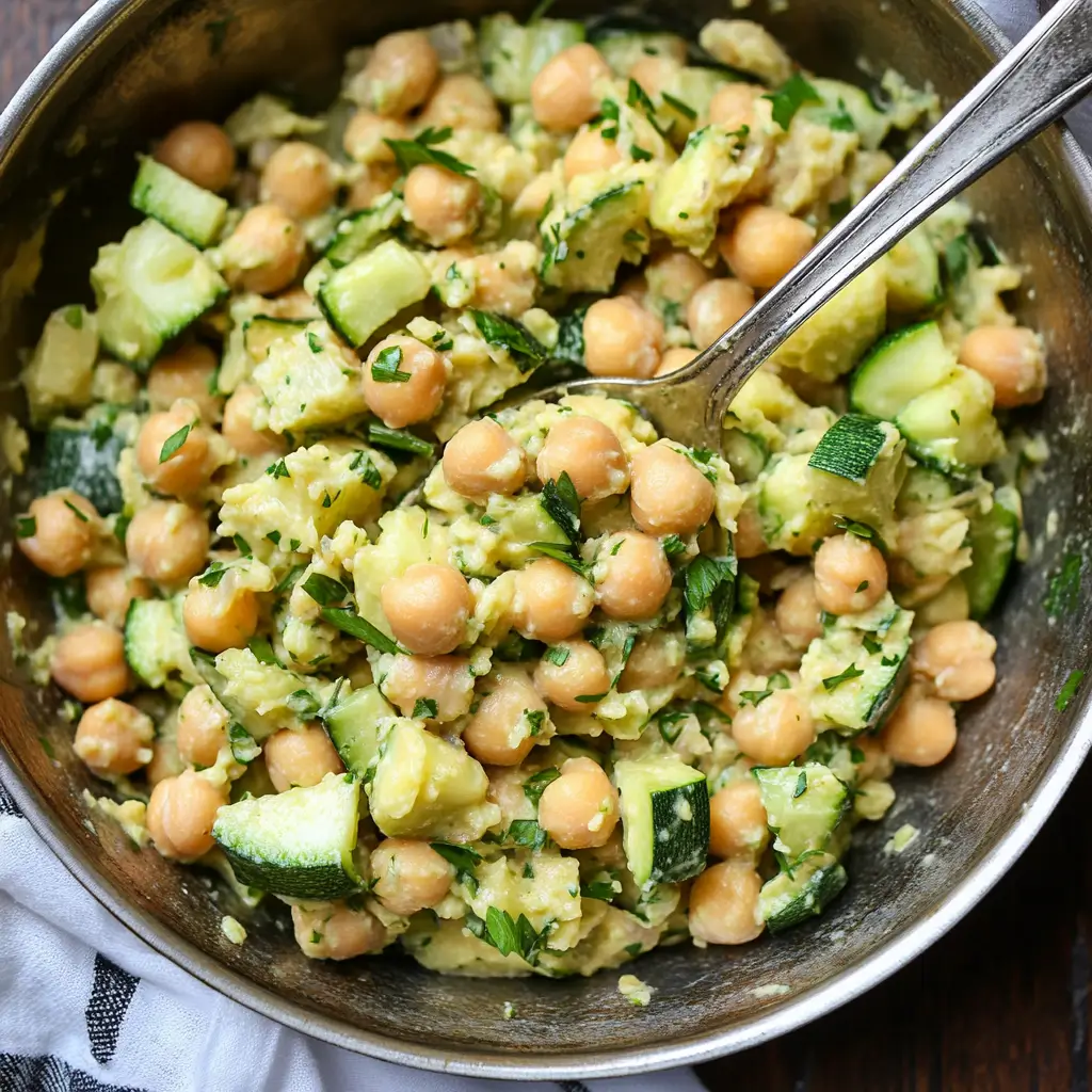Smashed Zucchini Chickpea Salad – Fresh, Crunchy & Bold 5 Smashed zucchini chickpea salad with coriander and chickpeas in a bowl