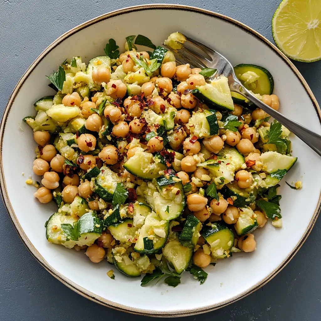 Smashed Zucchini Chickpea Salad – Fresh, Crunchy & Bold 7 Smashed zucchini chickpea salad with chili flakes and lime on a plate