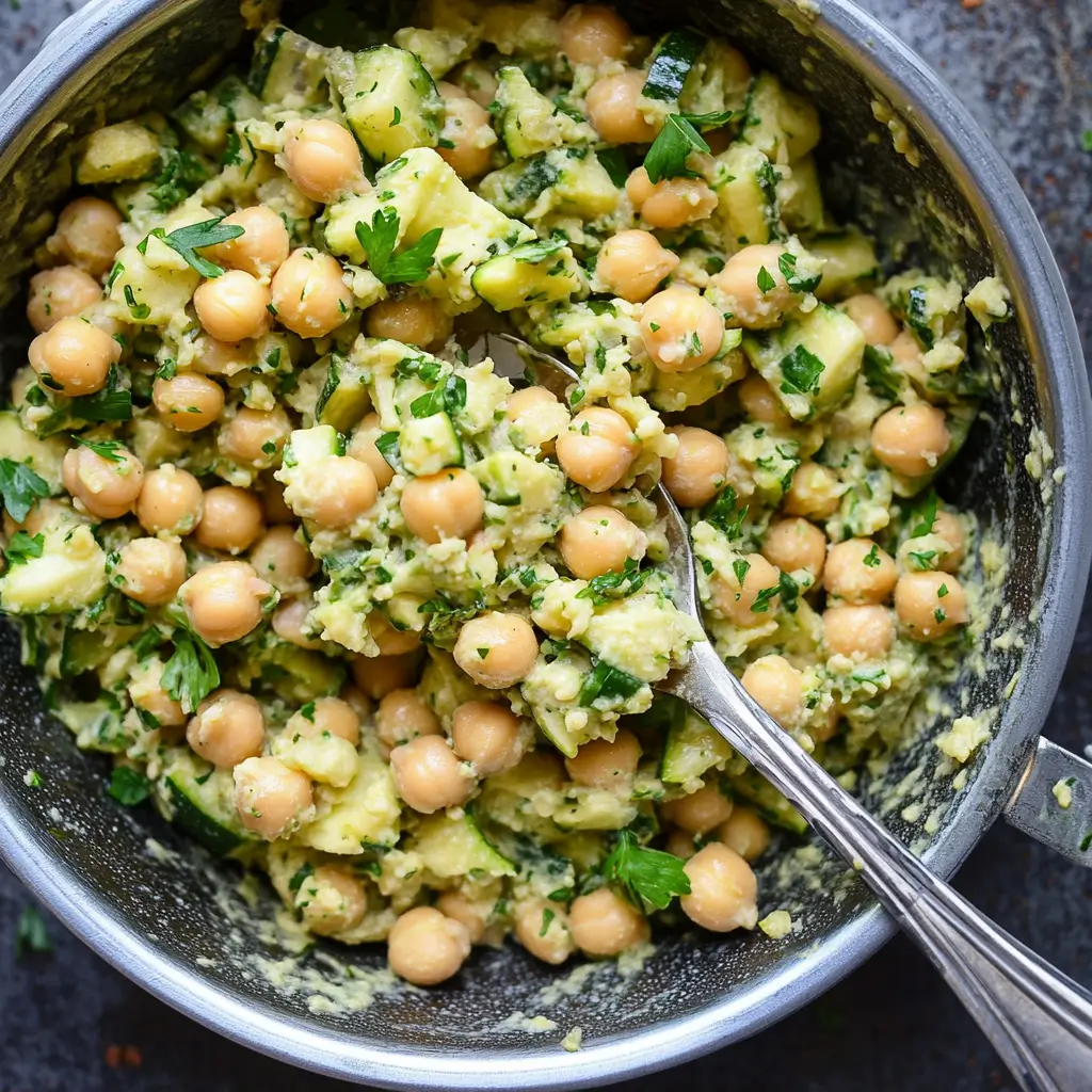 Smashed Zucchini Chickpea Salad – Fresh, Crunchy & Bold 4 Smashed zucchini chickpea salad with coriander in mixing bowl