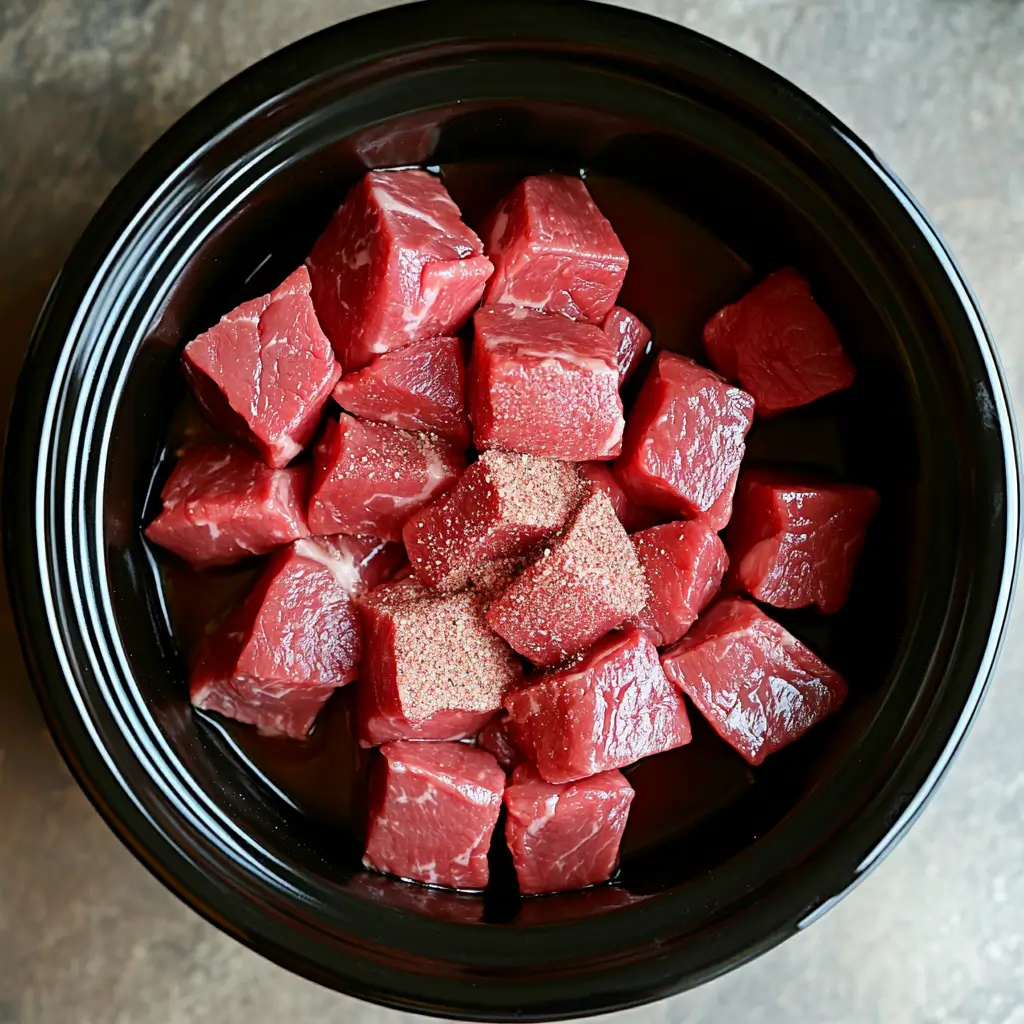 5-Ingredient Crockpot Steak Bites – Amazing Flavor in 5 Steps 11 Steak cubes in crockpot with seasoning added