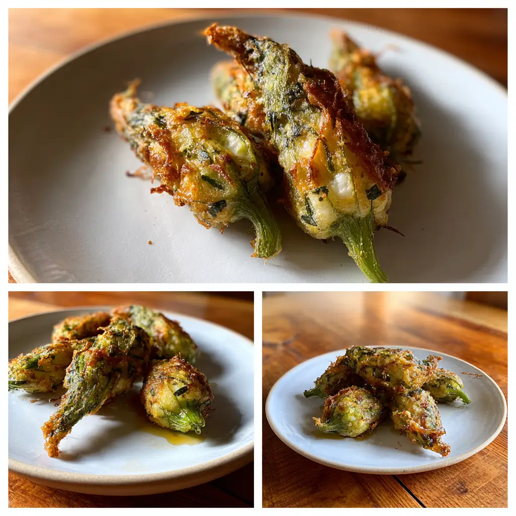 Stuffed Zucchini Blossoms – 5-Step Crispy Summer Delight 7 Crispy stuffed zucchini blossoms with ricotta and Romano cheese, freshly pan-fried to golden perfection