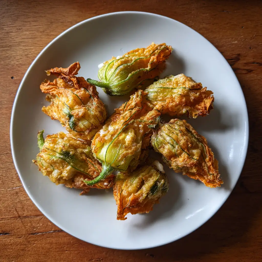 Stuffed Zucchini Blossoms – 5-Step Crispy Summer Delight 5 Golden stuffed zucchini blossoms filled with ricotta and fried until crisp, served with fresh basil