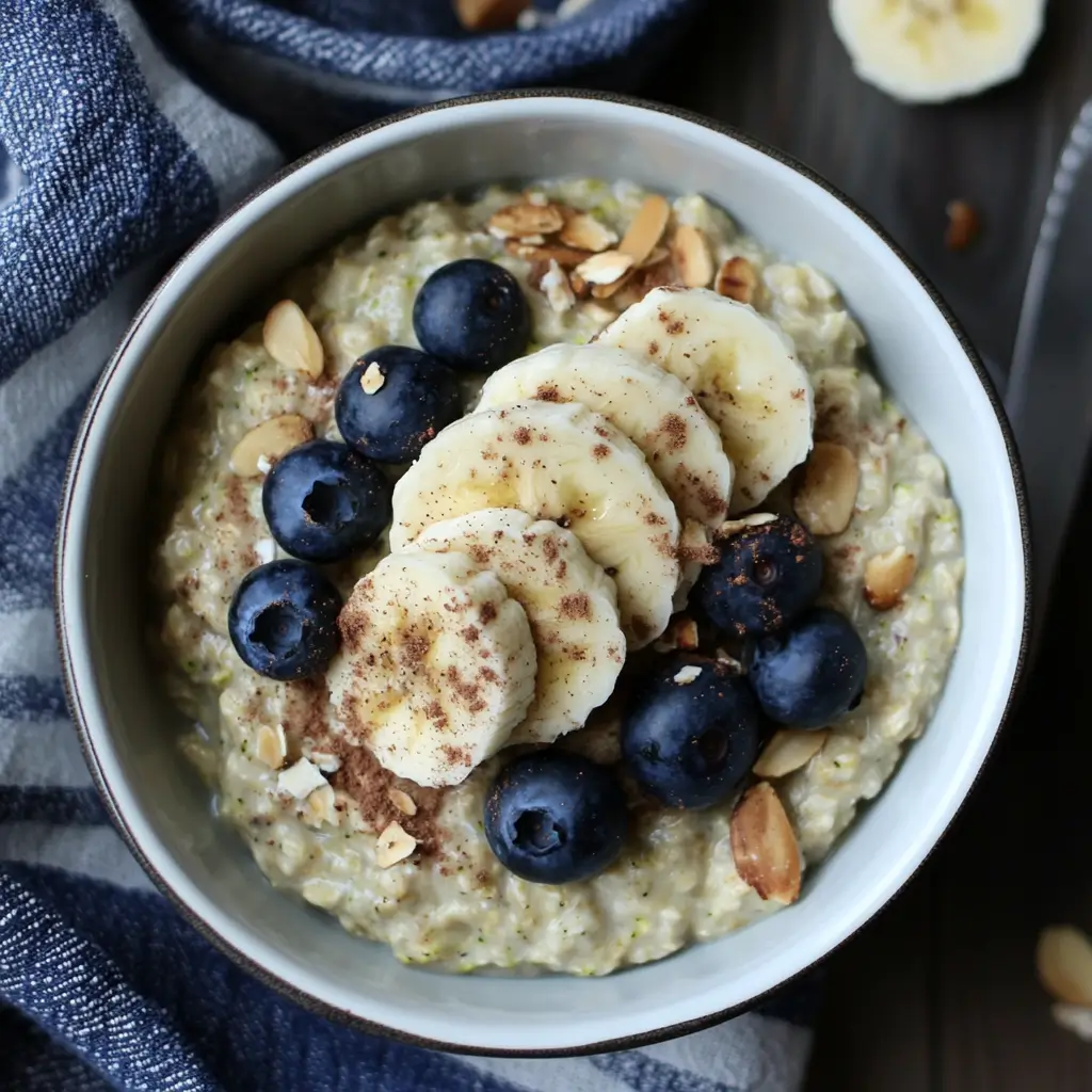 Zoats Zucchini Oatmeal That Actually Tastes Amazing 5 Zoats zucchini oatmeal with banana slices, blueberries, and almonds in a bowl